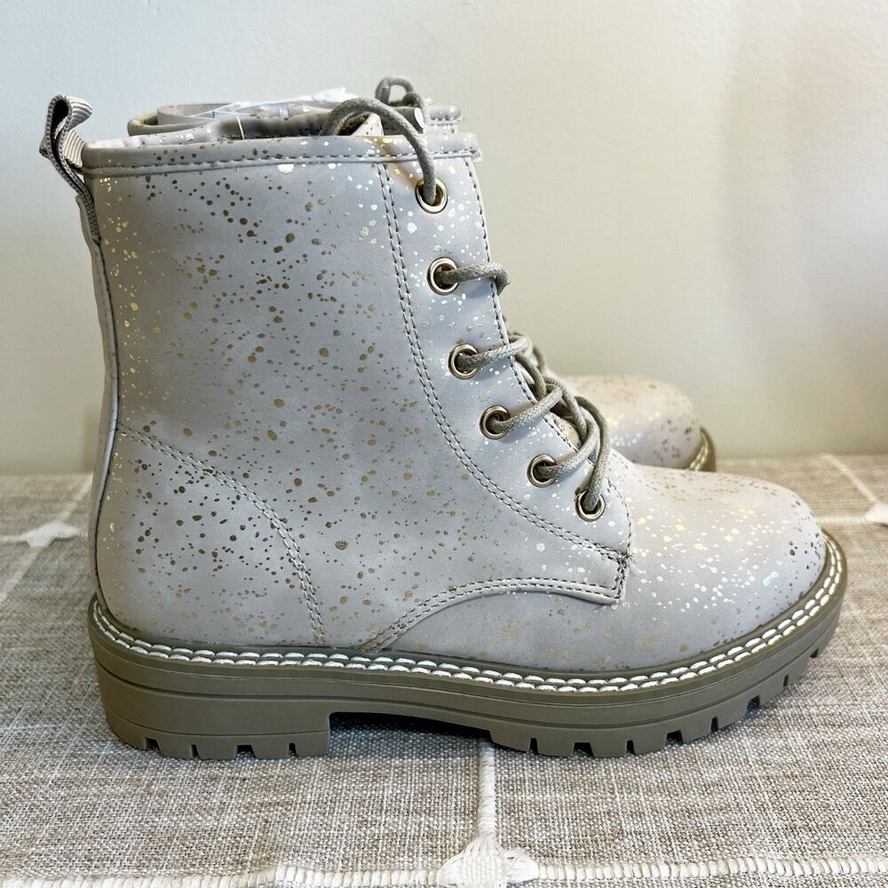 MIA Girl Cammy Combat Boots Beige Gold Paint Splatter NEW Girls Sz 3 Side Zip